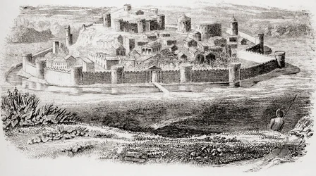 Algemeen uiterlijk van oude forten en typische architectuur van een middeleeuws kasteel, uit The National Encyclopaedia, gepubliceerd c.1890